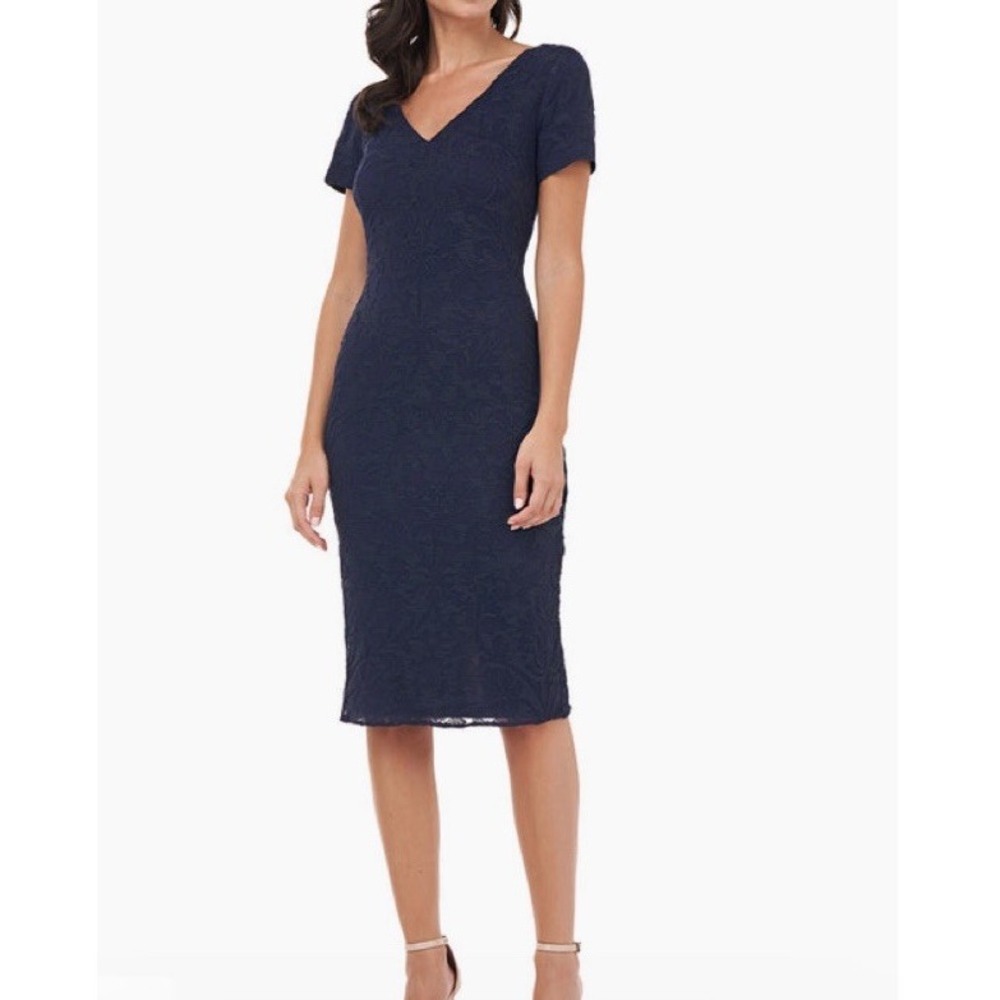 JS Collections Women's Size 2 Erin V-Neck Navy Midi‎ Dress